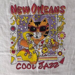 New Orleans Cool Jazz Cat Graphic Tee - Kid’s Large, Bright Multicolor Design